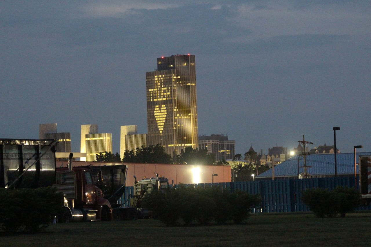 Nighttime Albany skyline viewed from the Port of Albany